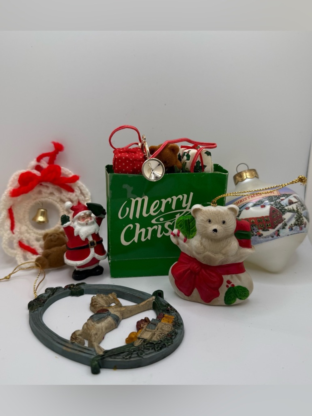 Vintage Christmas Ornaments Lot Santa Bear Wreath Taiwan Mixed Decor grandmacore